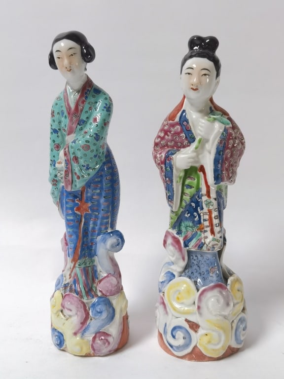(2) Chinese Porcelain Famille Rose Maidens: (2) Chinese Porcelain Famille Rose Maidens, 10.5in