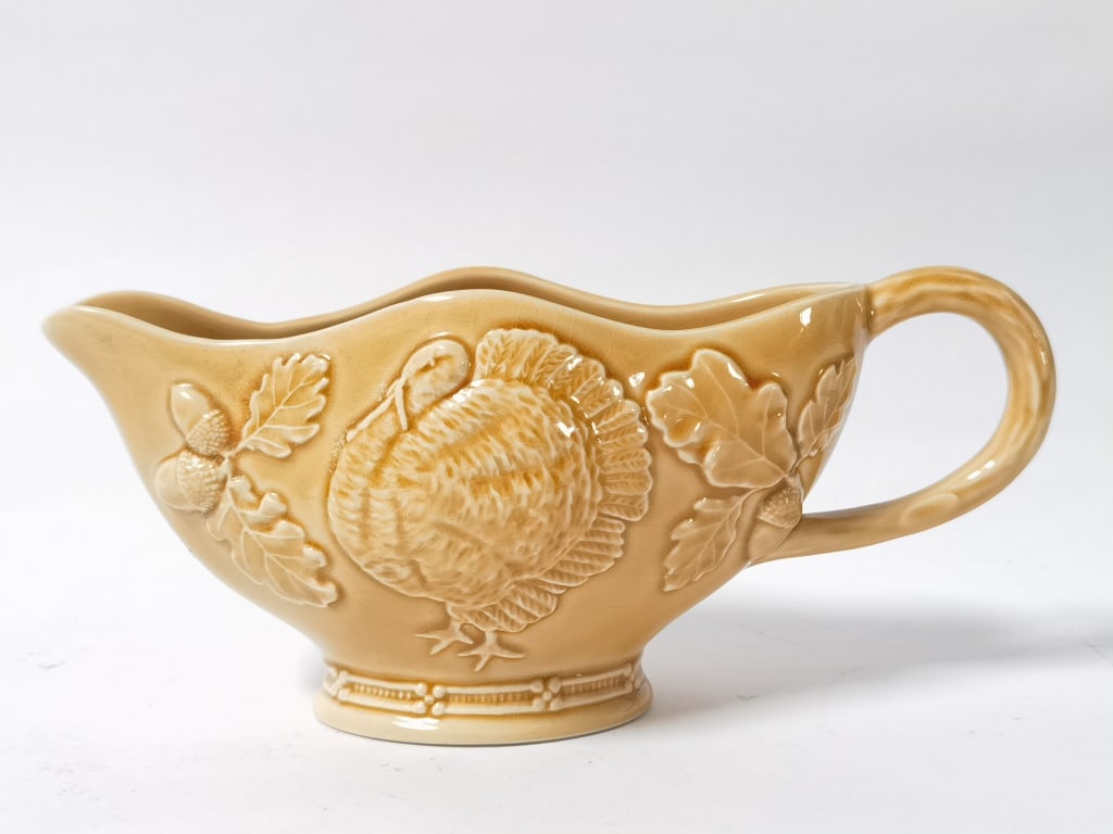 Bordallo Pinheiro Porcelain Yellow Turkey: Bordallo Pinheiro Porcelain Yellow Turkey Sauce Boat, 8.75in