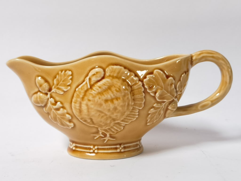 Bordallo Pinheiro Porcelain Yellow Turkey: Bordallo Pinheiro Porcelain Yellow Turkey Sauce Boat, 8.75in