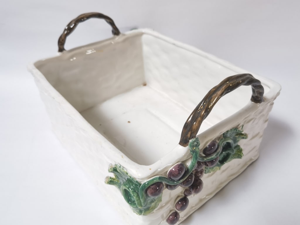 Vintage Jay Willfred Italy Porcelain Grape Basket: Vintage Jay Willfred Italy Porcelain Grape Basket, 15in by 12in by 9in