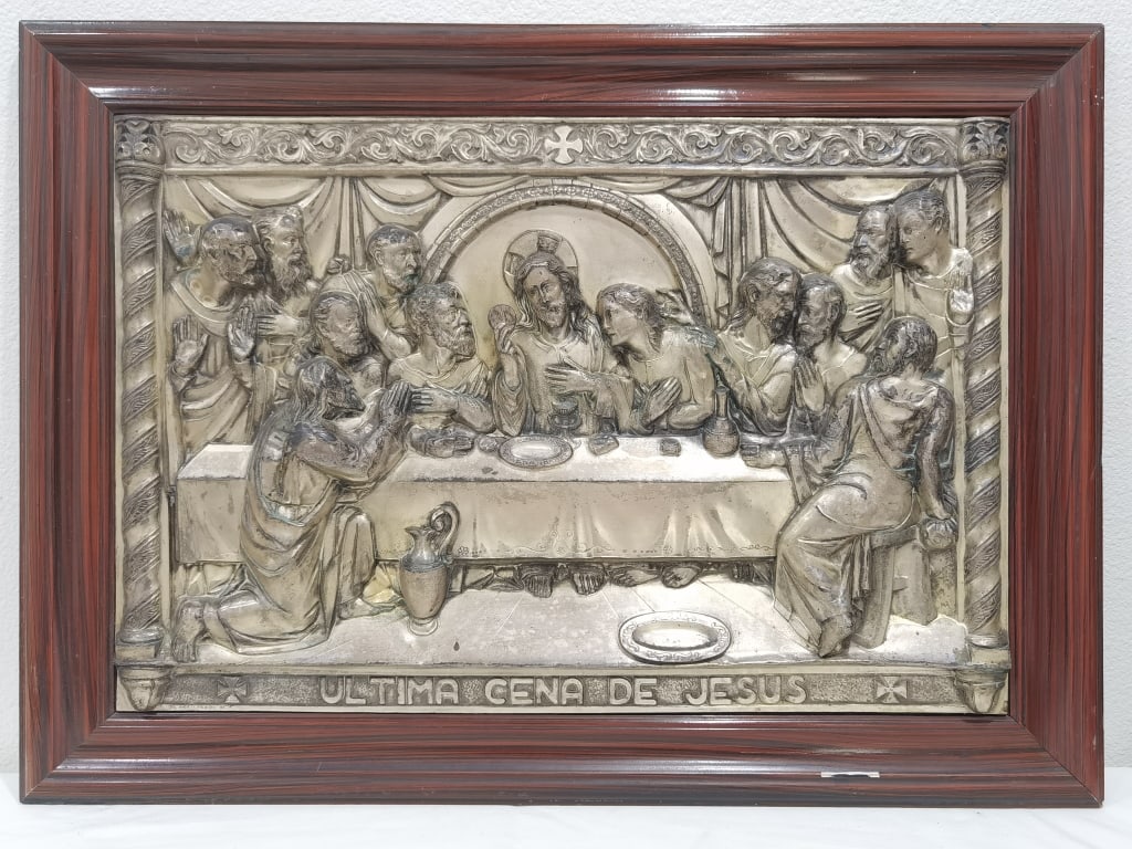 Vintage Silver-Plated Metal Repousse "Last Supper": Vintage Silver-Plated Metal Repousse "Last Supper" Wall Art, 29 5/8in by 21 3/8in