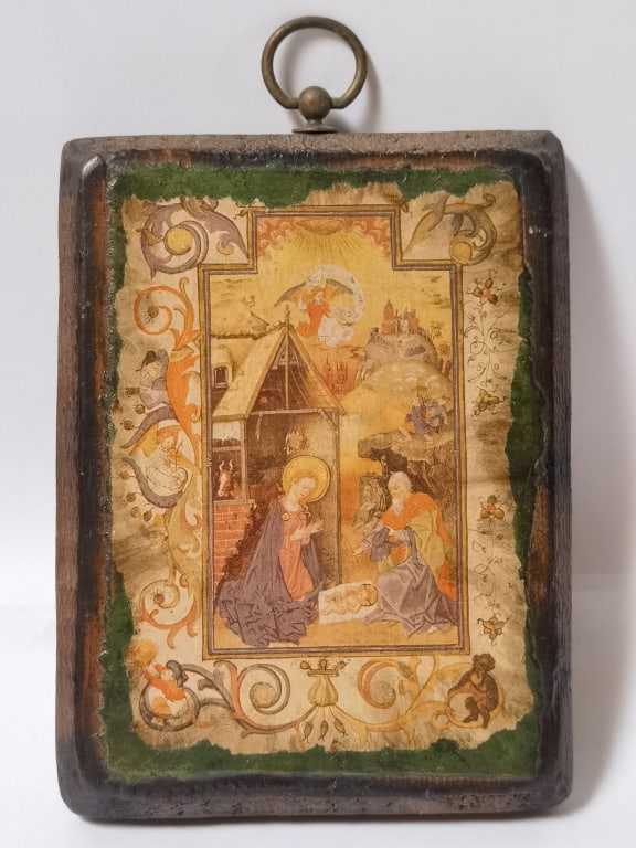 Vintage Birth of Christ Icon on Leather over Wood: Vintage Birth of Christ Icon on Leather over Wood, 7.5in by 5.5in