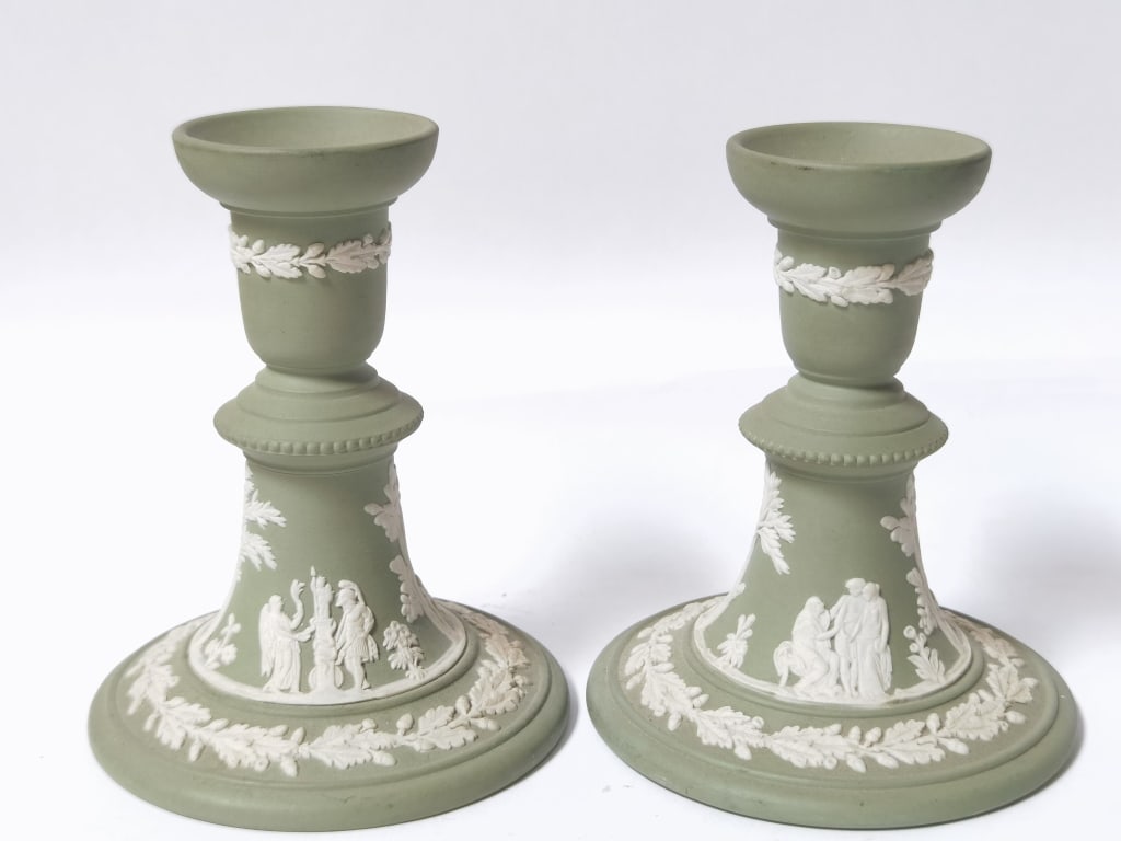 Pr. of Wedgwood Sage Green Jasperware Candlesticks: Pr. of Wedgwood Sage Green Jasperware Candlesticks, 4.75in