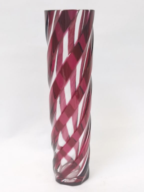 Val. St. Lambert Style Cranberry Swirl Glass Vase: Val. St. Lambert Style Cranberry Swirl Glass Vase, 11.5in