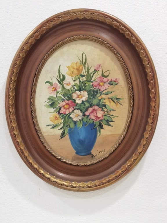 Signed Edna Lewis Floral Still Life Oil Painting o: Signed Edna Lewis Floral Still Life Oil Painting on Board, 19in by 16in