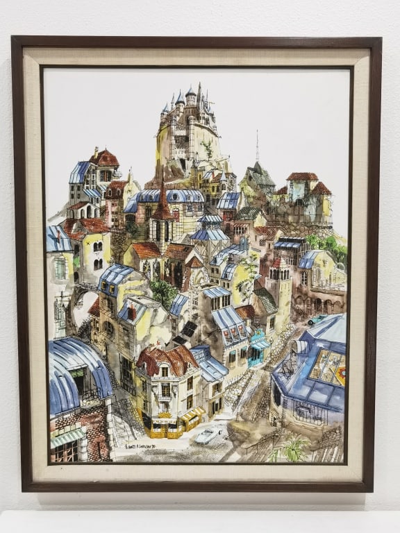 1980 P. Lardeau Architectural Oil Painting on Canv: 1980 P. Lardeau Architectural Oil Painting on Canvas, 33in by 26in