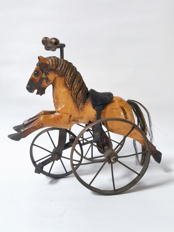 Antique Folk Art Wooden Horse Tricycle: Antique Folk Art Wooden Horse Tricycle, 11in by 10in