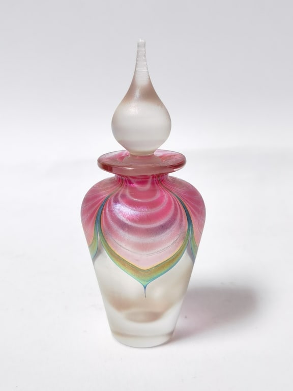 Frosted Iridescent Pink Pulled Petals Glass Perfum: Frosted Iridescent Pink Pulled Petals Glass Perfume Bottle, 4 5/8in