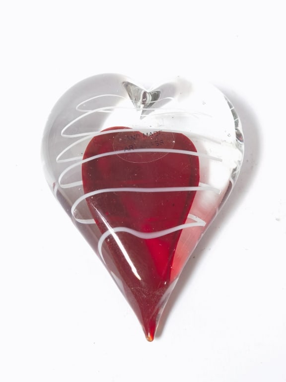 Large White Swirl Red Heart Glass Paperweight (1 of 3)