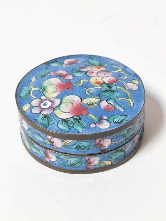 Vintage Chinese Enamel over Bronze Floral Pillbox (1 of 4)