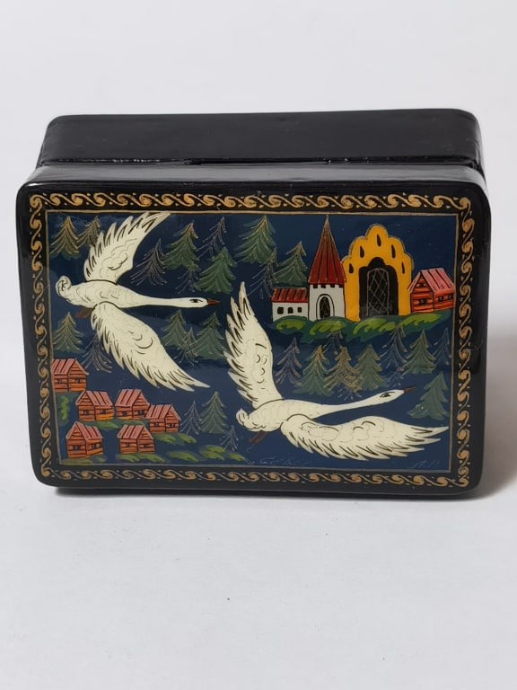 Miniature Russian Flying Swans Lacquer Box - 2
