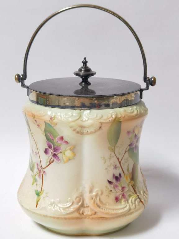 Vintage Carlton Ware Victorian Floral Biscuit Barr: Vintage Carlton Ware Victorian Floral Biscuit Barrel with Silver Plated Cover, 10in by 5.75in