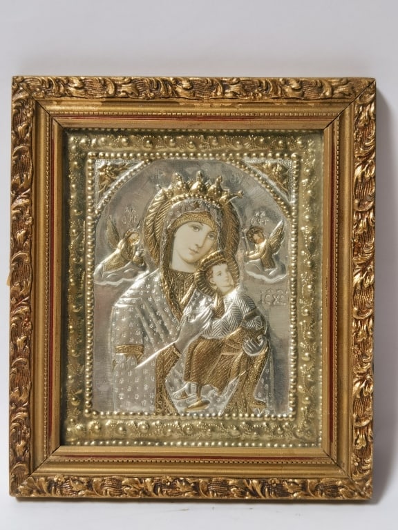 Vintage Silver & Gold Metal Repouss? Madonna Icon: Vintage Silver & Gold Metal Repouss? Madonna Icon, 8in by 7in