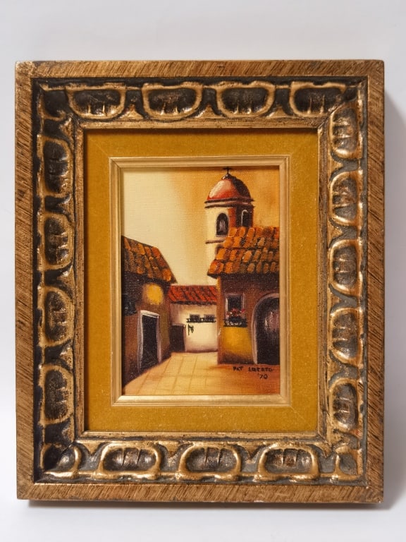 1970 Patty Liberto Courtyard Oil Painting: 1970 Patty Liberto Courtyard Oil Painting, 12in by 10in