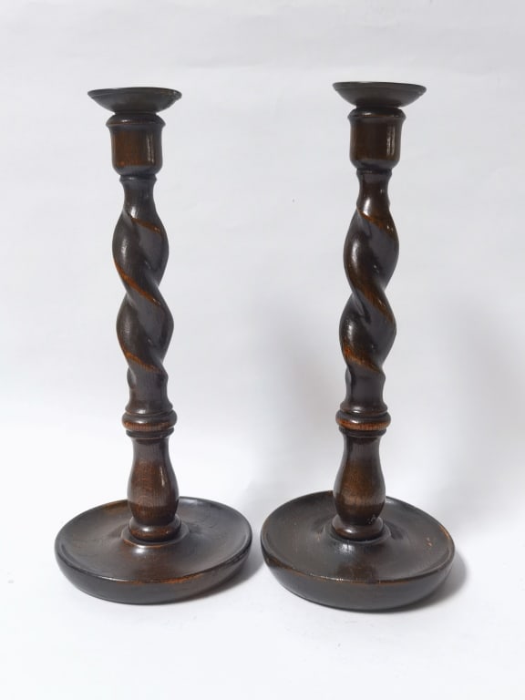 Pr. of Antique English Barley Twist Candle Holders: Pr. of Antique English Barley Twist Candle Holders, 12.5in