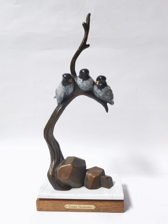 Limited Ed. G. Balciar "Spring Chickadee" Bronze S: Limited Ed. G. Balciar "Spring Chickadee" Bronze Sculpture, 1991, 36/45, 16in by 7in by 4in