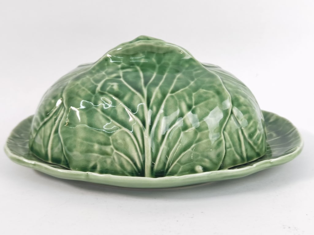 Vintage Bordallo Pinheiro Porcelain Cabbage Butter: Vintage Bordallo Pinheiro Porcelain Cabbage Butter Dish, 9in