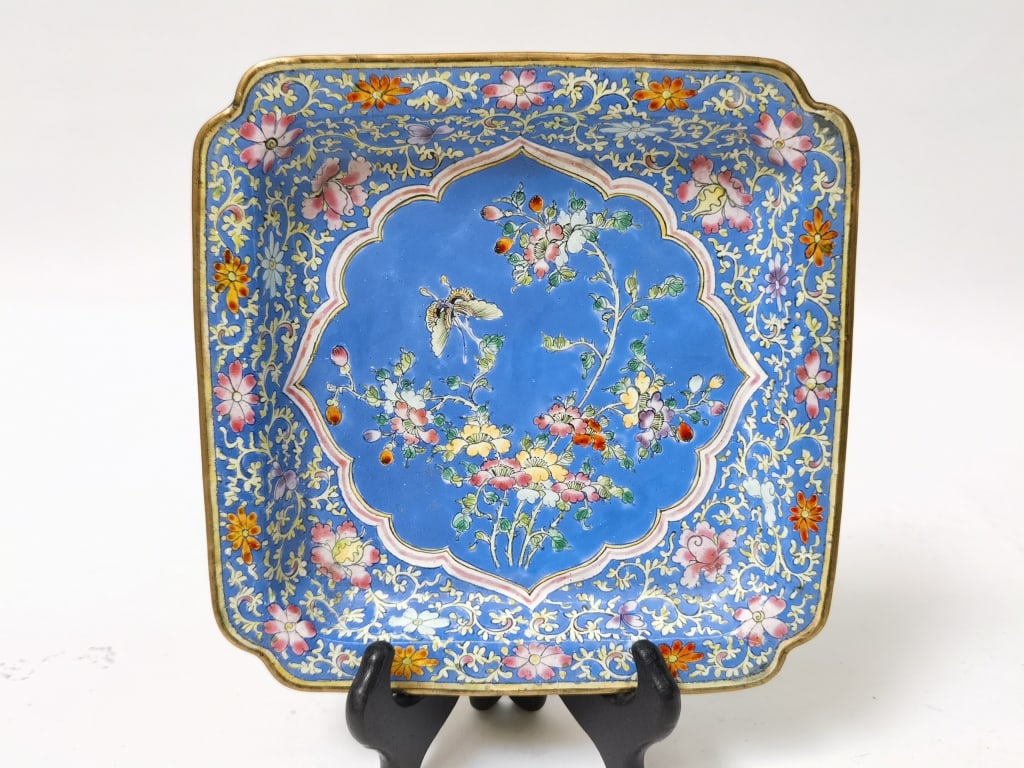 Vintage Chinese Enamel over Bronze Square Dish (1 of 4)
