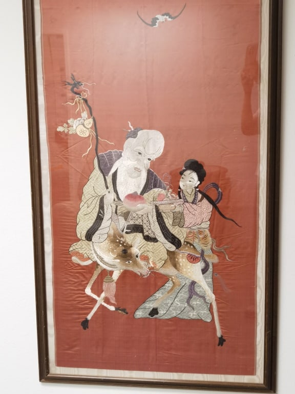 Qing Chinese Longevity Embroidery on Red Silk: Qing Chinese Longevity Embroidery on Red Silk, 55in by 33in