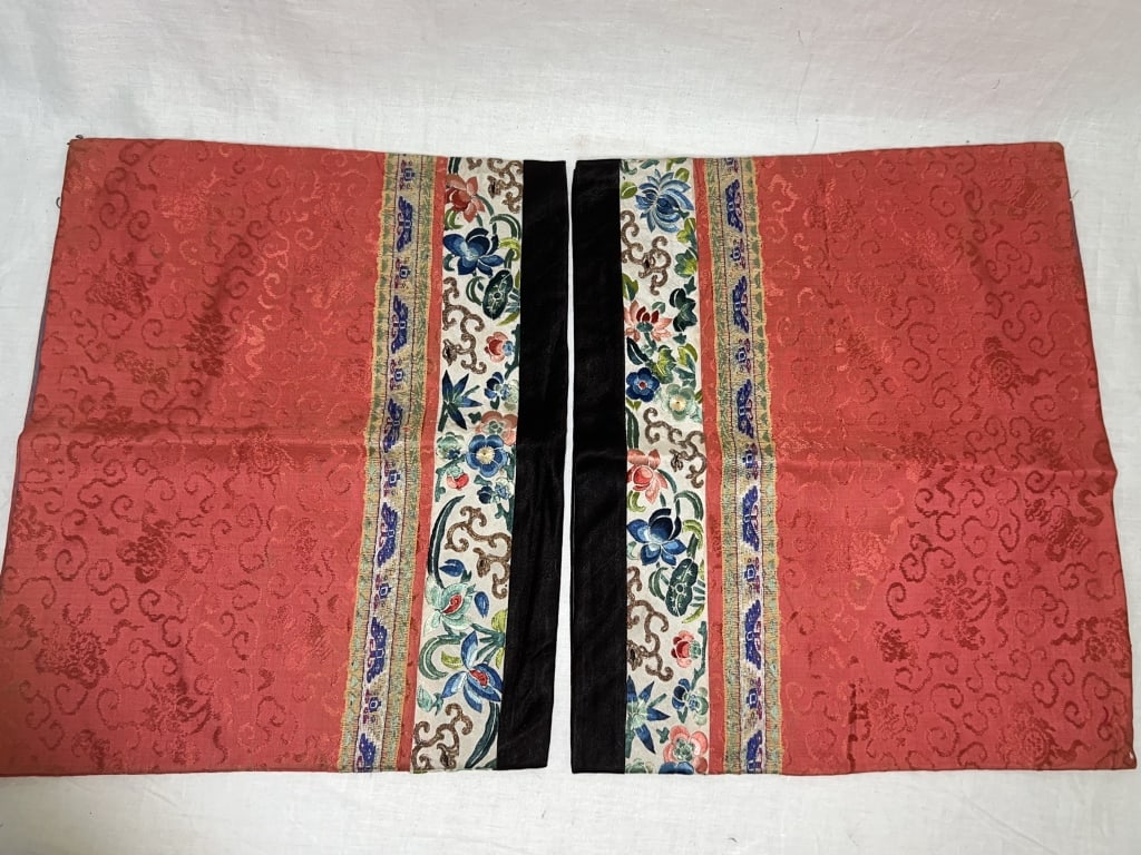 Pr. of Chinese Red Embroidered Sleeves on Red Silk: Pr. of Chinese Red Embroidered Sleeves on Red Silk, 13in by 10.5in