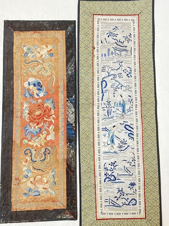 (2) Qing Chinese DaZi Style Embroideries: (2) Qing Chinese DaZi Style Embroideries, 24in by 8in