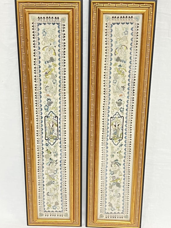 Pr. of Qing Chinese DaZi Style Embroideries: Pr. of Qing Chinese DaZi Style Embroideries, 28in by 7.25in
