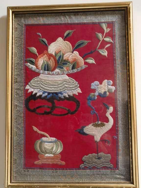 Qing Chinese Study Object Embroidery Panel: Qing Chinese Study Object Embroidery Panel, 24in by 17in