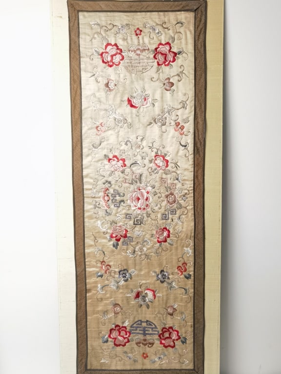 19th C. Chinese Longevity Floral Embroidery Panel: 19th C. Chinese Longevity Floral Embroidery Panel, 45in by 15.5in