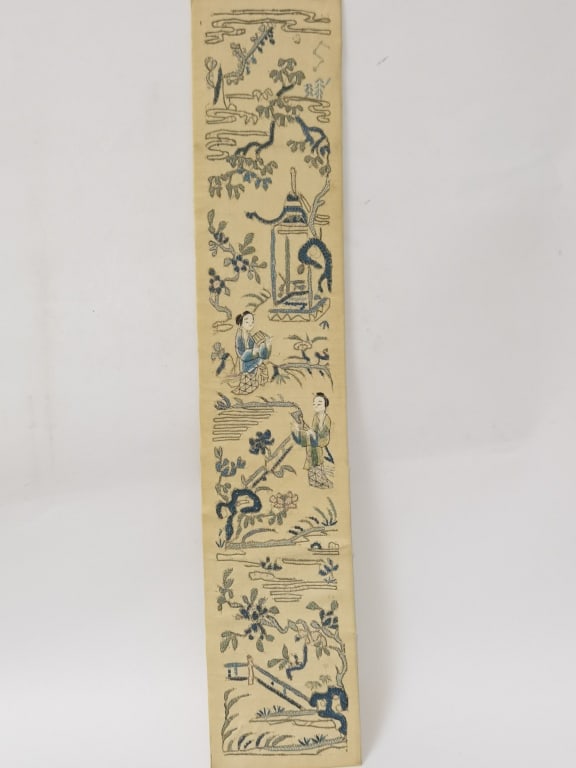 19th C. Chinese Beijing Style Figural Embroidery P: 19th C. Chinese Beijing Style Figural Embroidery Panel, 20.5in by 4in