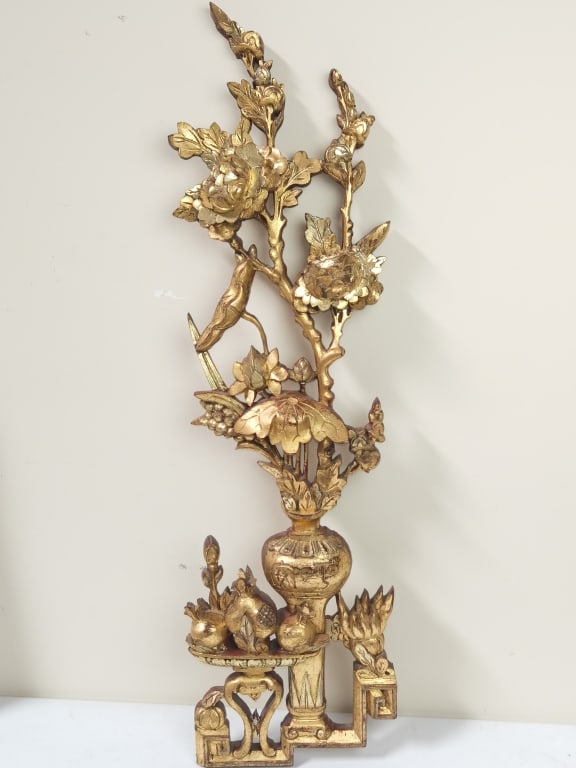 19th C. Chinese Gilt Wood Carved Study Object Plaq: 19th C. Chinese Gilt Wood Carved Study Object Plaque, 39in by 11.5in