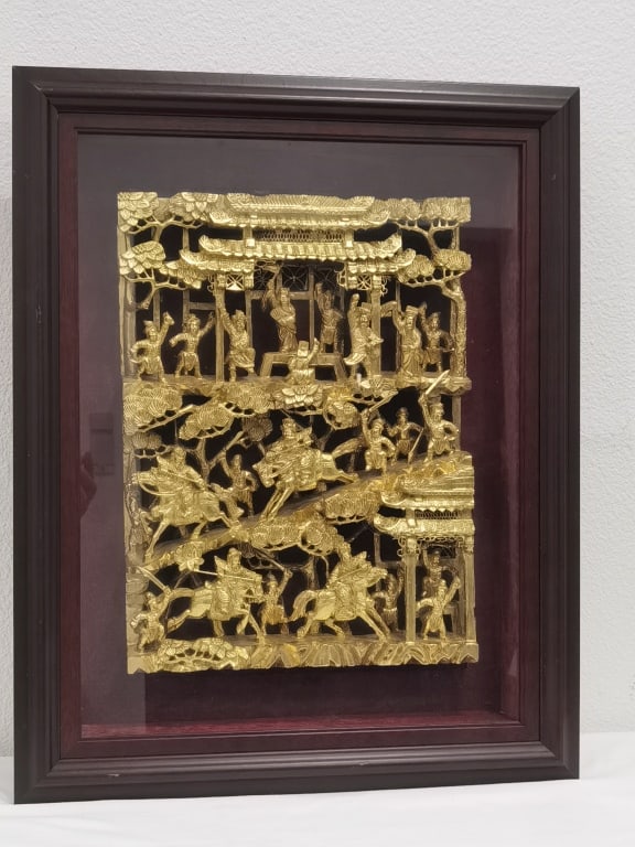Chinese Gilt Wood Carved Plaque: Chinese Gilt Wood Carved Plaque, Frame: 23.5in by 19in