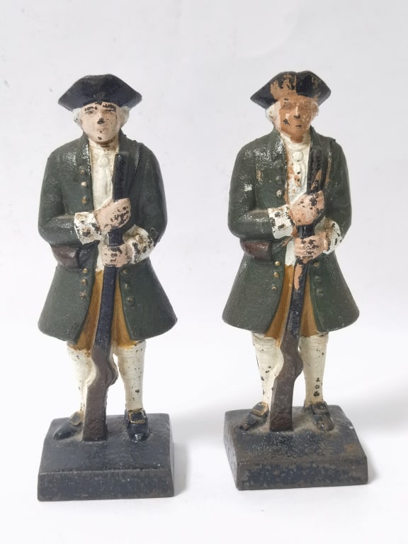 Pr. of Vintage Cast Iron Colonial Soldiers Door St: Pr. of Vintage Cast Iron Colonial Soldiers Door Stops, 7.5in