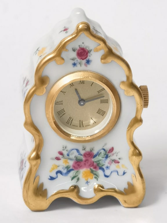 Vintage Gilt Porcelain Floral Miniature Clock (1 of 3)