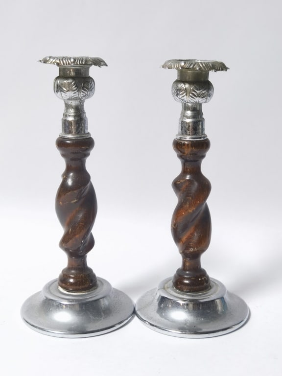 Pr. of Barley-Twist Chrome and Wood Candlesticks (1 of 4)