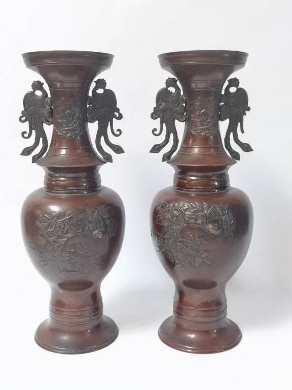 Pr. of Japanese Meiji Style Bronze Phoenix Vases (1 of 5)