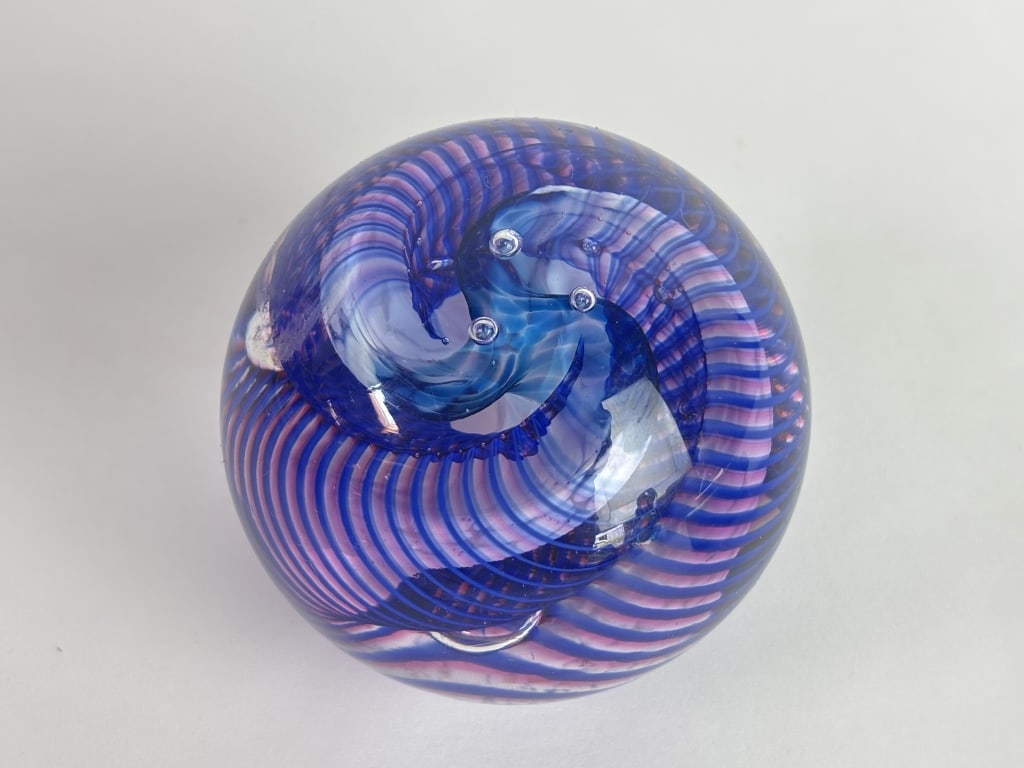 1994 Signed Blue Striped Swirl Art Glass Paperweig: 1994 Signed Blue Striped Swirl Art Glass Paperweight, 3.25in by 3in
