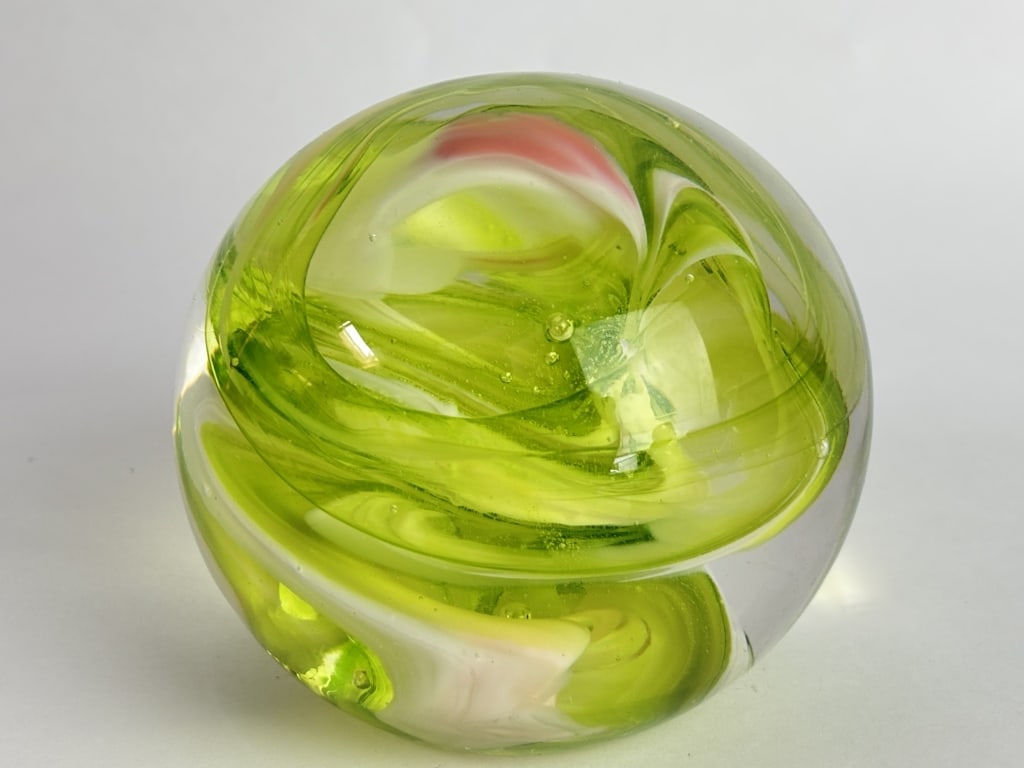 Vintage Green Swirl Art Glass Paperweight: Vintage Green Swirl Art Glass Paperweight, 3.25in by 3 7/8in