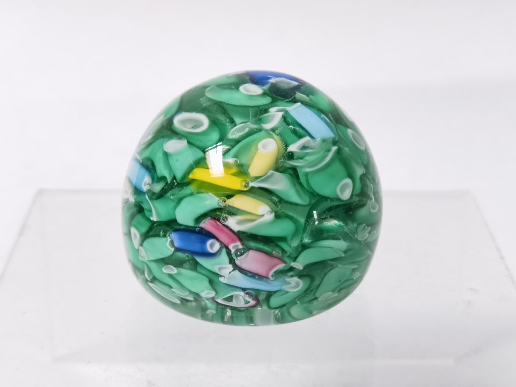 Green Millefiori Glass Paperweight: Green Millefiori Glass Paperweight, 1 5/8in by 2in