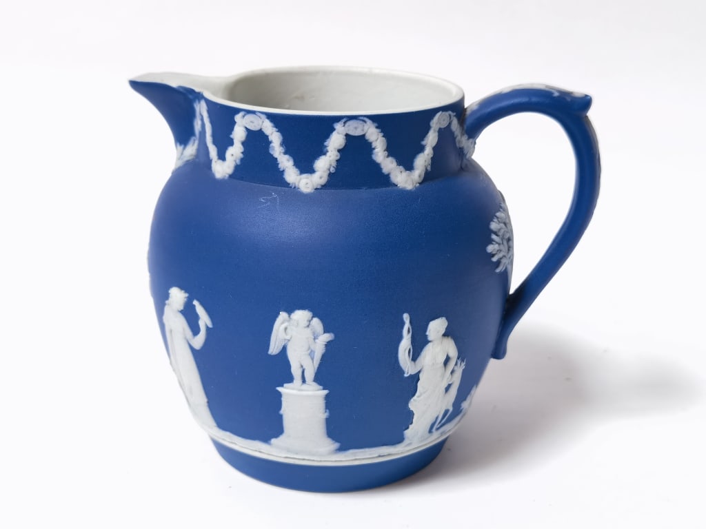 Vintage Wedgwood Blue Jasperware Creamer: Vintage Wedgwood Blue Jasperware Creamer, 4 1/8in by 5in