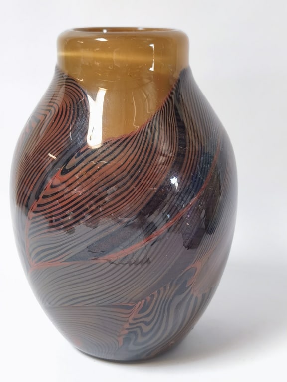 Signed Threaded Feather-Pattern Amber Torpedo Vase