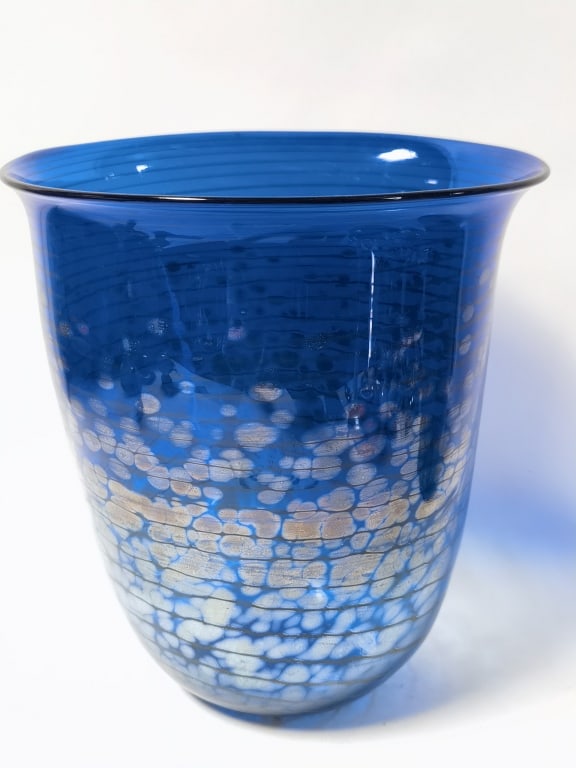 Signed Deep Cobalt Blue Threaded Iridescent Vase - 2