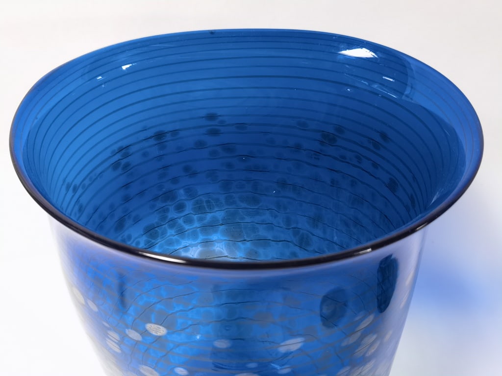 Signed Deep Cobalt Blue Threaded Iridescent Vase - 3