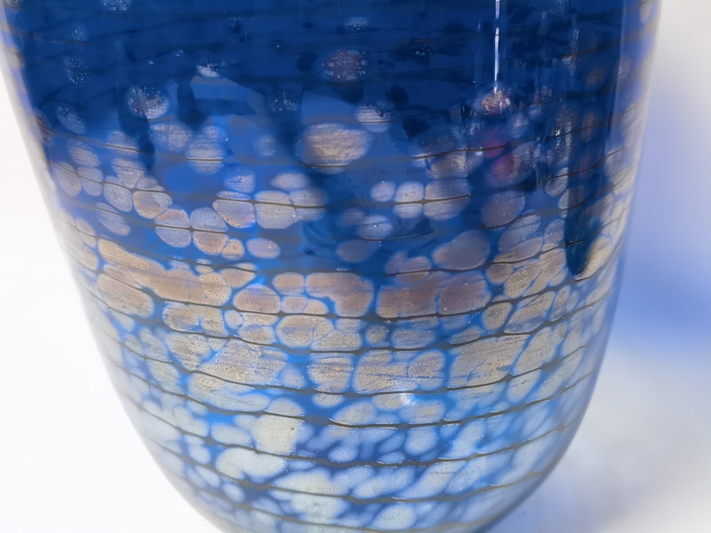 Signed Deep Cobalt Blue Threaded Iridescent Vase - 4