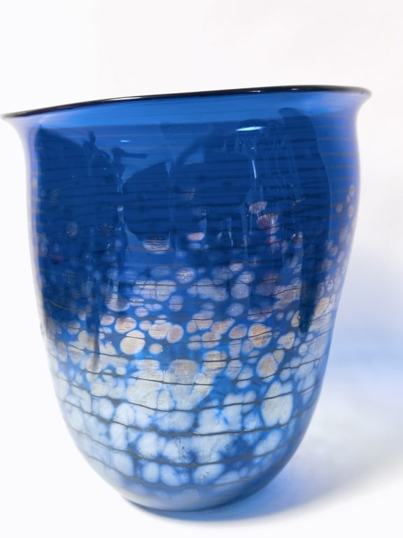 Signed Deep Cobalt Blue Threaded Iridescent Vase - 6