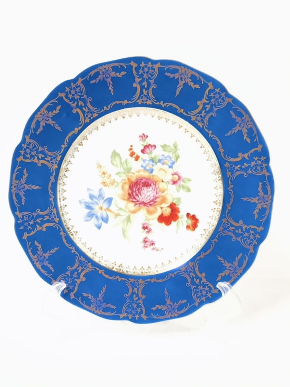 Vintage Czech Cobalt Blue and Gold Floral Dinner P: Vintage Czech Cobalt Blue and Gold Floral Dinner Plate, 11in
