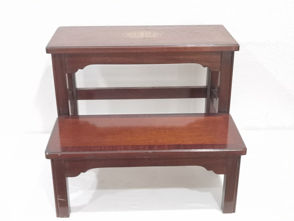 Vintage Council Mahogany Marquetry Step Stool: Vintage Council Mahogany Marquetry Step Stool, 18in by 14in by 14in
