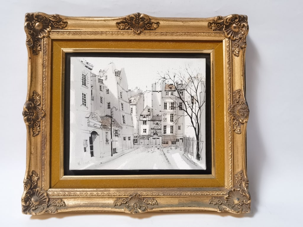 Signed William Monotone Street Scene Oil Painting: Signed William Monotone Street Scene Oil Painting, 17in by 15in