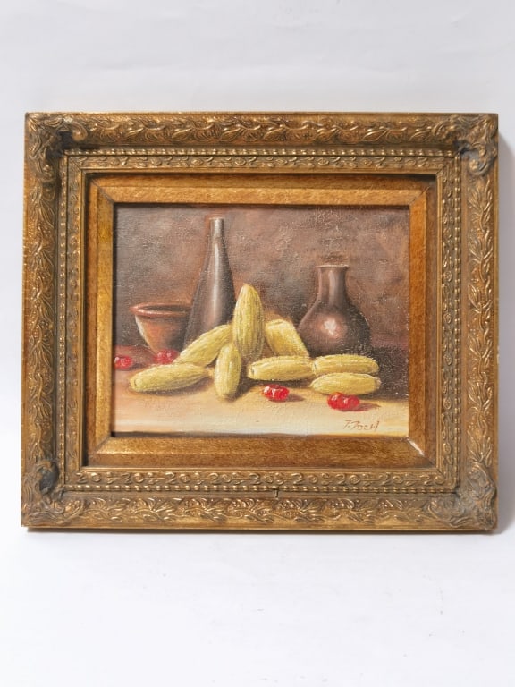 Vintage Signed T. Foch Still Life Oil Painting on: Vintage Signed T. Foch Still Life Oil Painting on Board, 14.5in by 13in