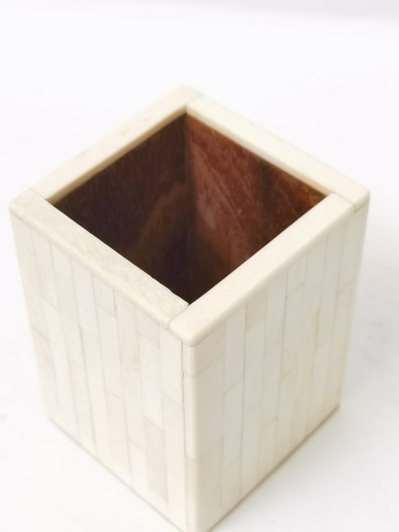 India Rectangular Bone Inlay Pen or Brush Pot - 3