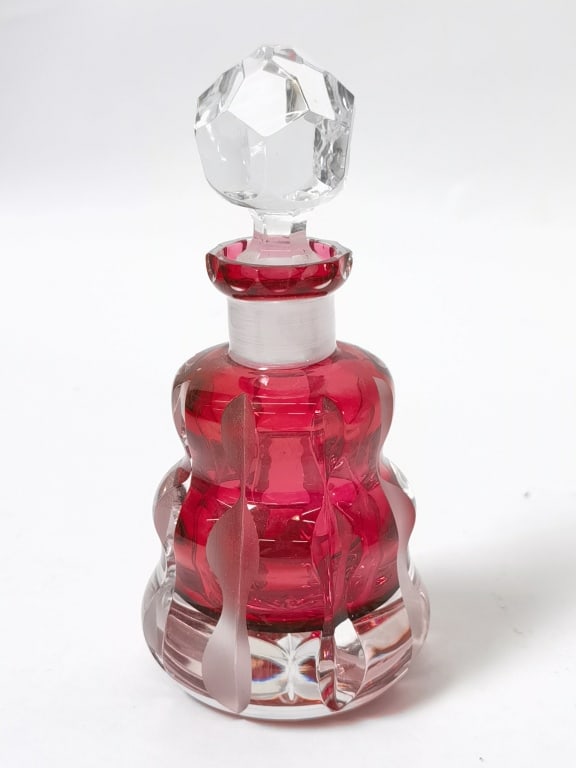Vintage Bohemian Ruby Flash Cut-to-Clear Perfume B: Vintage Bohemian Ruby Flash Cut-to-Clear Perfume Bottle, 5.5in